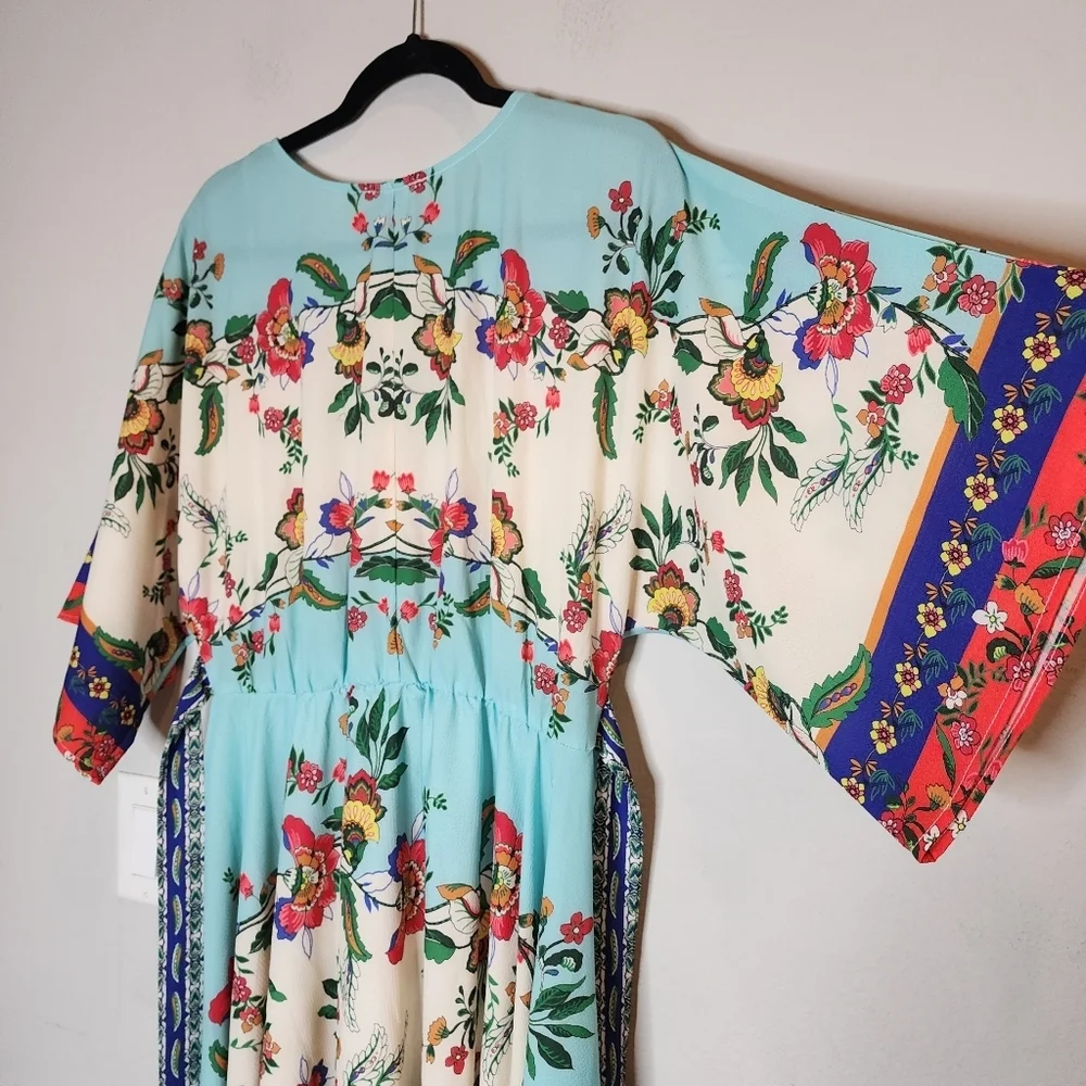 Umgee Kimono Sleeve Hankerchief Hem Blue Printed Boho Dress Stretch Waist Medium - Picture 7 of 13